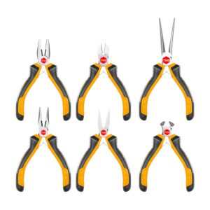 HMPS06115 mini plier set, Including 4.5 Inch combination pliers, Diagonal and End cutting pliers, Needle, Long and Flat nose pliers - Multicolor