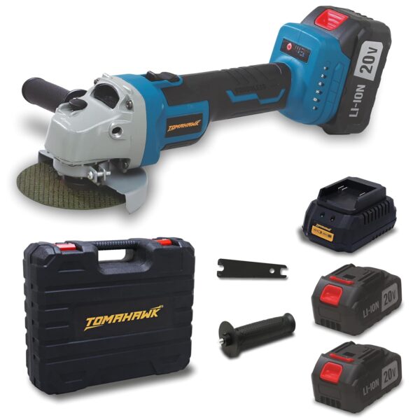 TOMAHAWK® T 32070 20V Cordless Angle Grinder with 8500 rpm, Brushless Motor, 4.0Ah Li-ion with Fast Charger, Adjustable Speed and Control, Battery Indicator