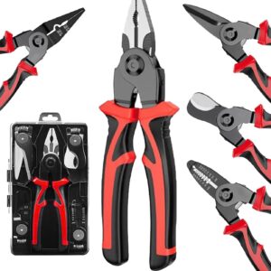 XBEY 5 IN 1 Multifunctional Plier Set with 5 Interchangeable Tool Heads - Wire Stripper, Crimping Tools, Cable Cutter, Electrician Scissors, Linesman Plier - 8 Inch Pliers Kit with Storage Case