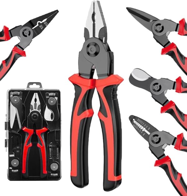 XBEY 5 IN 1 Multifunctional Plier Set with 5 Interchangeable Tool Heads - Wire Stripper, Crimping Tools, Cable Cutter, Electrician Scissors, Linesman Plier - 8 Inch Pliers Kit with Storage Case